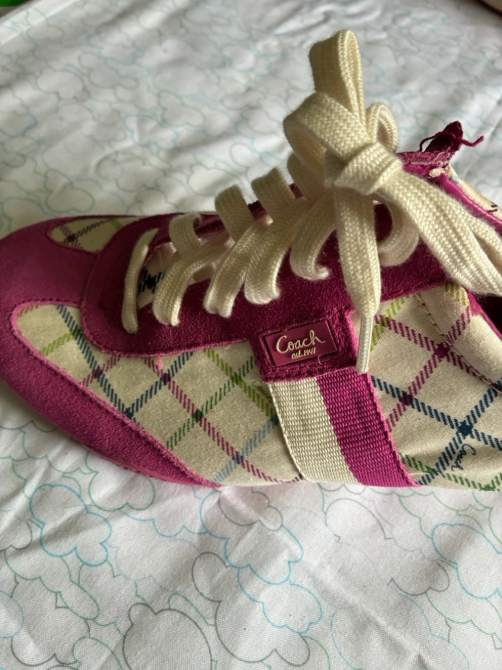 Coach Plaid Fuchsia and Cream Lace-Up Sneakers - Picture 4 of 6